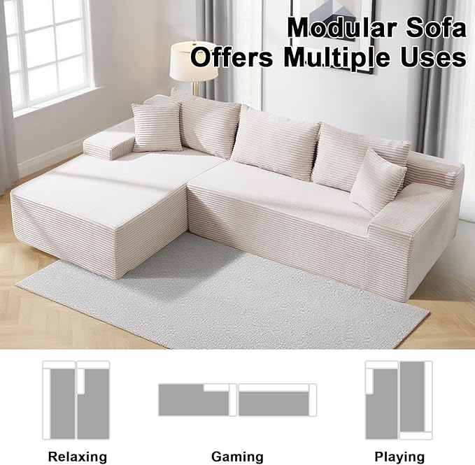 105" Cloud Modular Sectional Couch with L-Shape Chaise, Upholstered Corduroy Couches for Living Room, No Assembly Required Deep Seat Boneless Sofa