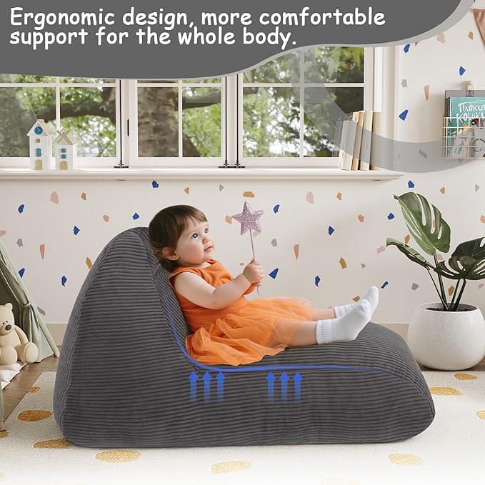 COMAX Bean Bag Chairs for Kids, Kid Beanbag Chair with Filler, Toddler Lounge Bean Chair Corduroy, Lazy Floor Lounger for Girls and Boys Stuffed, Grey
