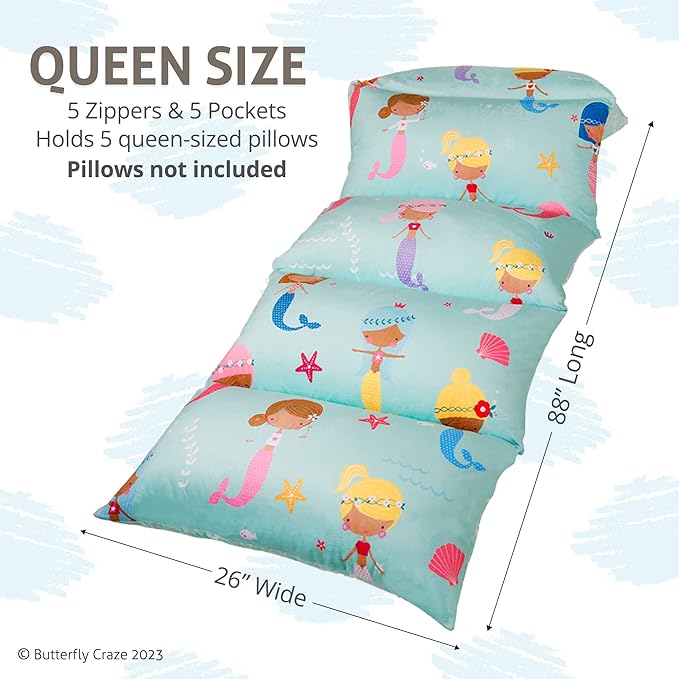 Butterfly Craze Floor Pillow Case - Cozy Reading Chair & Lounger - Versatile Seat & Floor Bed - Portable Cushion & Sleeping Pad - Queen, Mermaid Aqua