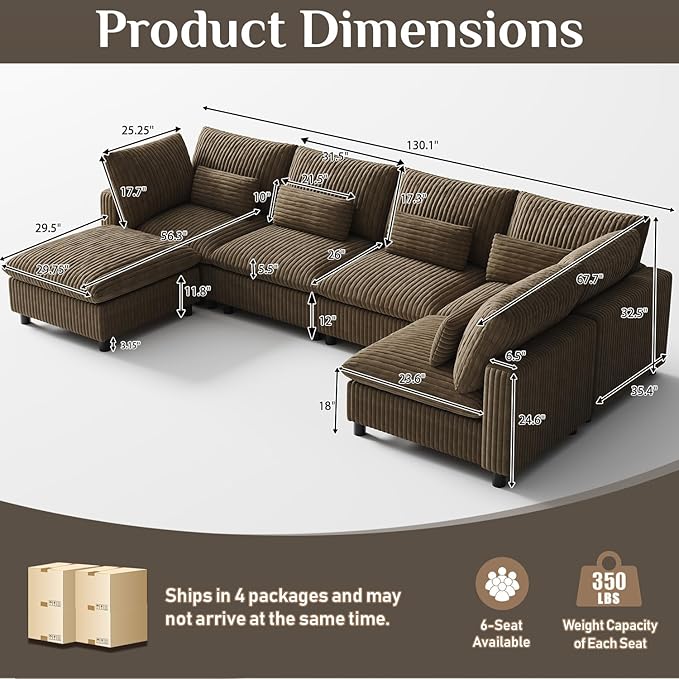 130" W x 67" D U Shape Sectional Sofa with USB Charging & Cup Holder & Storage, 6 Seater Plush Corduroy Couches with Movable Ottoman, Cloud Couch Sofas for Living Room, DIY Combination - Camel