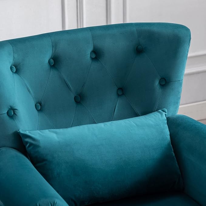 LZAREAL Accent Reading Arm Chairs with Ottoman Set of 2 for Living Room Bedroom, Midcentury Modern Corner Sofa Chair, Wingback Waiting Room Club Chair with Tufted Back &Lumbar Pillow, Velvet Teal