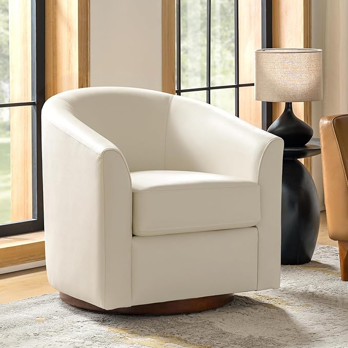 HULALA HOME Genuine Leather Swivel Accent Chair with Solid Wood Base, Round Swivel Barrel Chair for Living Room and Bedroom, No Assembly Required, Beige