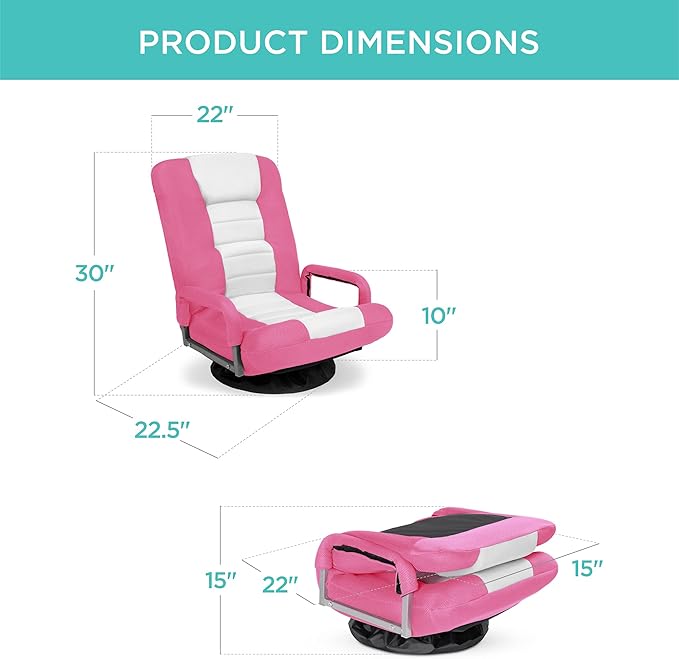Best Choice Products Swivel Gaming Chair 360 Degree Multipurpose Floor Chair Rocker for TV, Reading, Playing Video Games w/Lumbar Support, Armrest Handles, Adjustable Foldable Backrest - Pink/White