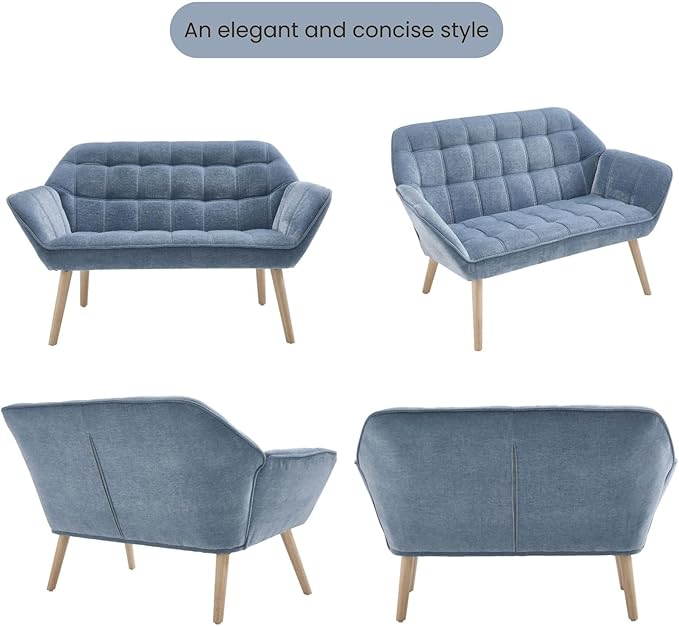 48" Small Couches for Living Room for Small Space, Mid Century Modern Loveseat with Wood Legs 2-Seat Chenille Upholstered Sofa Tufted Couches, Blue