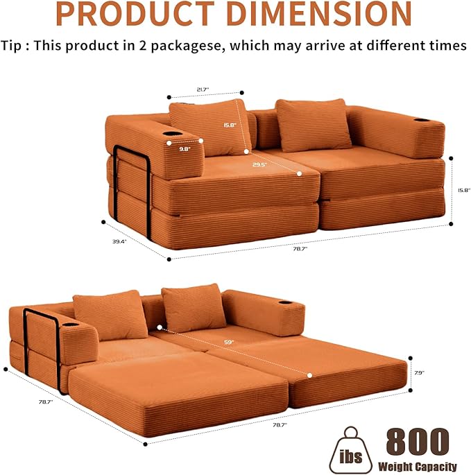 78" Loveseat Sleeper Sofa, 4 in 1 Convertible Floor Sofa Bed, Boneless Cloud Couch with Cup Holder, Fold Out Floor Couch for Living Room Bedroom Lounge, Corduroy, Orange