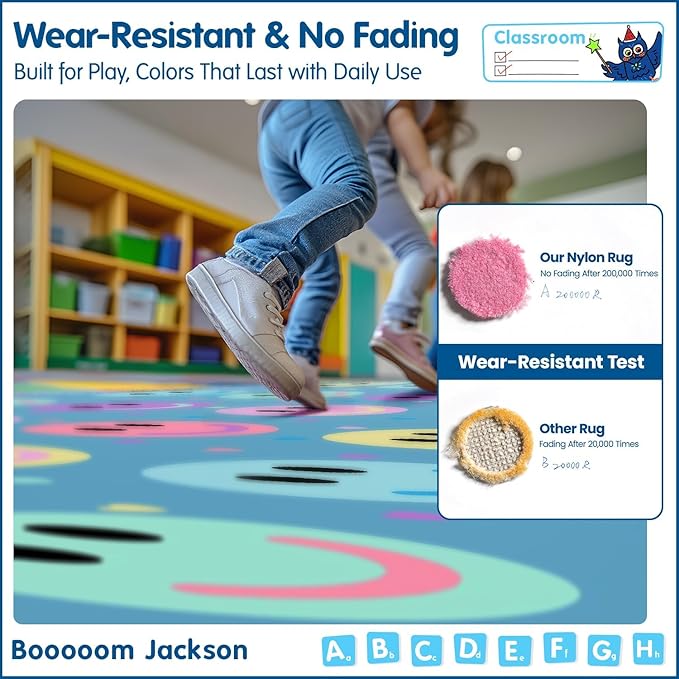 Booooom Jackson 7'6''x13' Pastel Smileys Classroom Rug for Kids Room Seating Décor - Thick Nylon Large Preschool Carpet Daycare Rug for Teaching & Playroom, Non-Slip &No Triping,20X Stain Resistance