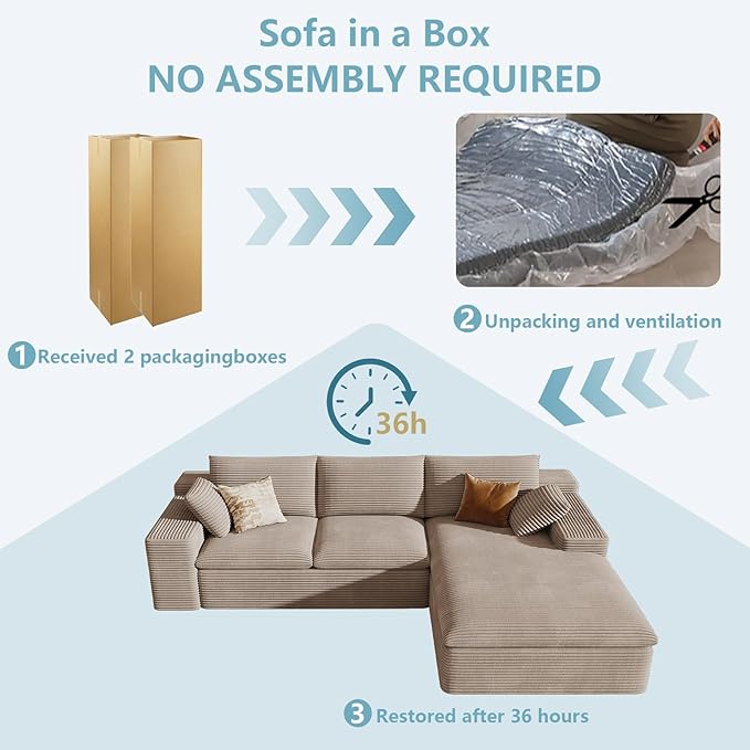 107" Cloud Sectional Couch with L-Shape Chaise,Corduroy Viral Boneless Sofa for Living Room,Modern Memory Foam Couches in a Box with Deep Seat,No Assembly Required (Camel,Right-Facing Chaise)