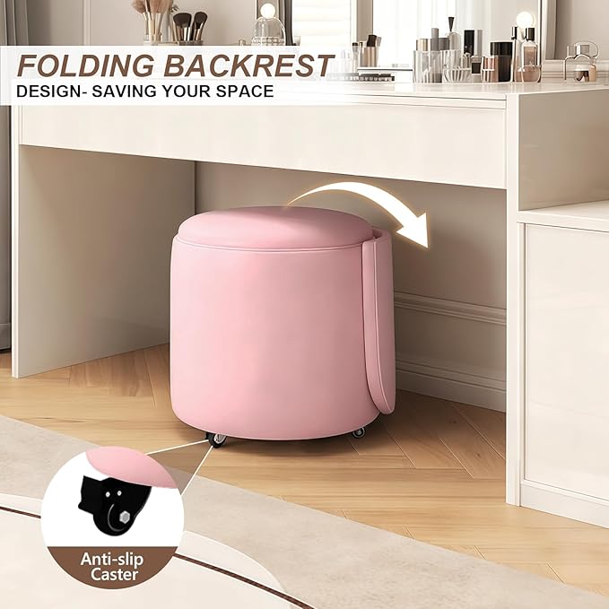 Rolling Round Vanity Chair with Storage, Swivel Makeup Chair with Folding Back, PU Leather Small Upholstered Ottoman for Bedroom Living Room