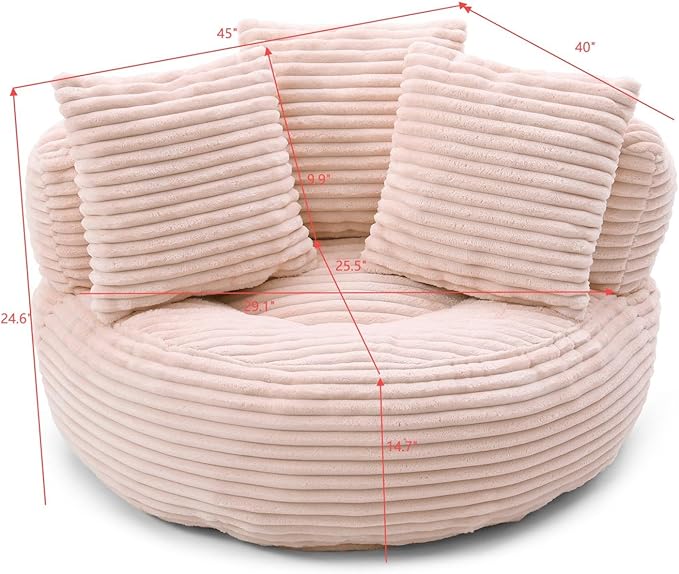 Bean Bag Chair, Corduroy Oversized Chair for Adults, Comfy Big Accent Sofa Lounge Floor Chair, Stuffed Bean Bag Couch for Gaming, Reading, Living Room, Bedroom, Pink