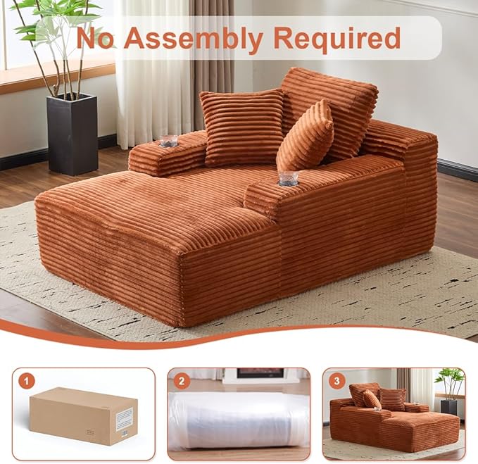 66" Oversized Chaise Lounge Sofa Chair Indoor, Modern Corduroy Single Sleeper Couch Chair with 3 Soft Pillows＆Cup Holder, Boneless Cloud Couch Single Seat Sofa Bed for Living Room Office (Brown)