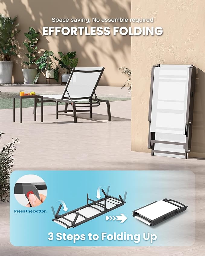 Vexwalx Foldable Lounge Chair Outdoor, Aluminum Pool Lounge Chairs with 5 Positions Recliner - No Assembly - Patio Chaise Lounge Chair for Outside, Poolside (White)
