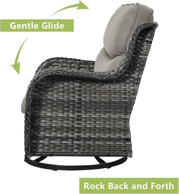 Rilyson Wicker Rocking Chair Swivel Chairs - 3 Piece Rocker Patio Furniture Set Rattan Rocking Bistro Sets with Glass Top Side Table for Outdoor Porch Deck Garden Backyard (Mixed Grey/Grey/Smile)