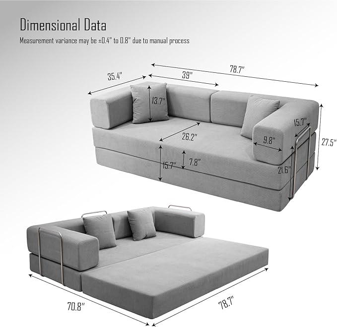 79 Inch Convertible Sofa Bed Couch in Box, 5 in 1 Folding Modular Boneless Couch with Pull Out Bed 2 Pillows, Soft Corduroy Floor Futon Lounge Loveseat Sleeper Lazy Cama No Assembly Light Grey