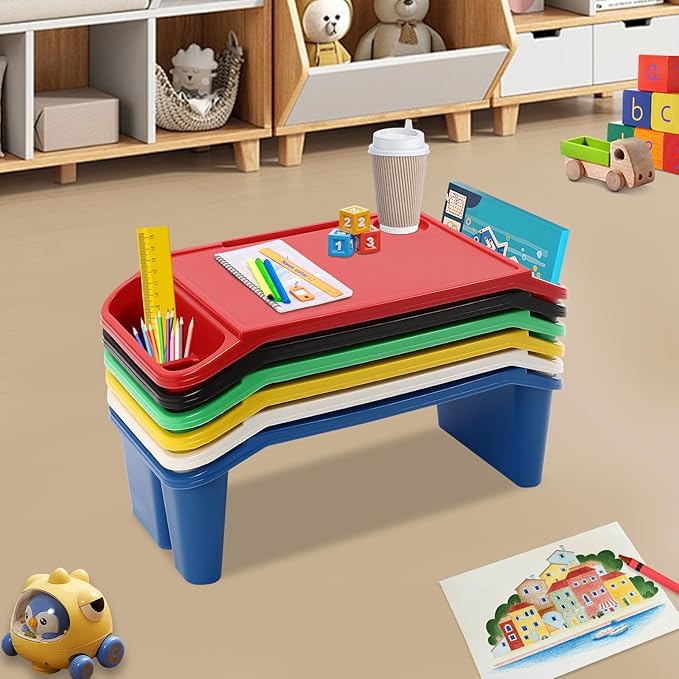 6 Pcs Kids Lap Desk Tray, 19.69 * 9.84 * 7.09in Lap Desks with Storage, Lap Desk Tray with Side Pockets and Slot for Writing Eating Game Classroom (Colorful 1)