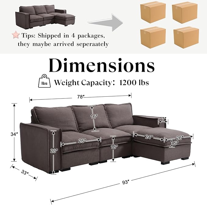 HEAY-YO 93 Inches Modern Modular Sectional Sofa,L Shape 3-Seater Comfy Couch with Moveable Ottoman,Floor Sofa for Living Room Bedroom Apartment,Linen Grey