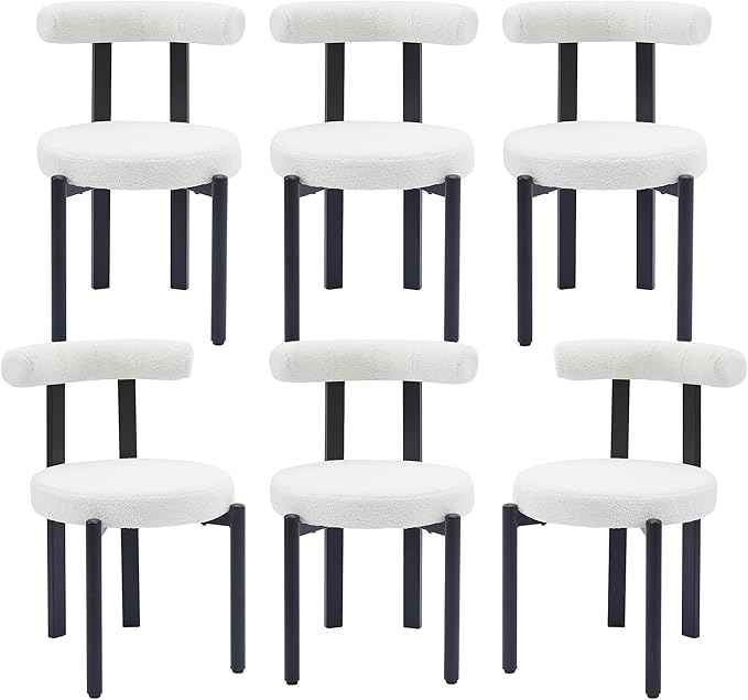 Kiztir Boucle Dining Chairs Set of 6, Modern Dining Room Chairs with Curved Backrest and Black Metal Legs, Upholstered Round Dining Accent Chairs for Kitchen, Living Room, Bedroom (Beige)