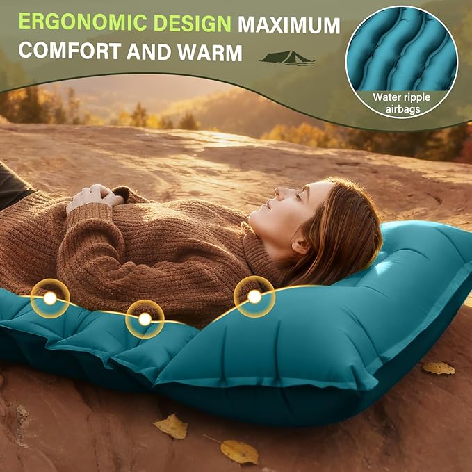 FUN PAC Camping Sleeping Pad, Ultralight Camping Pad with Pillow Built-in Foot Pump Inflatable Sleeping Mat Compact for Camping Backpacking Hiking Traveling-Green