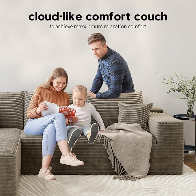 139.4" Modular Sectional Sofa, U-Shaped Minimalist Couches with Ottoman and Middle Seat, Modern Deep Seat Convertible Sleeper Sofa Bed, Reversible Chaise, Cloud Plush Corduroy Fabric,6 Seater, Camel