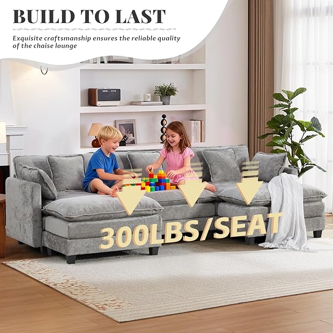 SoarFlash 113.78" Chenille Sectional Sofa, Comfy U Shaped Modular Coush Sofa with Ottoman, Modern 4 Seat Couch Deep Seat Sofa Set for Living Room,Grey