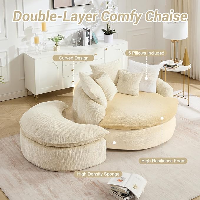 54" Oversized Round Chaise Lounge Indoor Boneless Bean Bag Chair with Movable Ottoman Fluffy Comfy Reading Chair Large Circle Cloud Couch Sleeper Sofa Bed for Living Room, Bedroom, Apartment, Beige