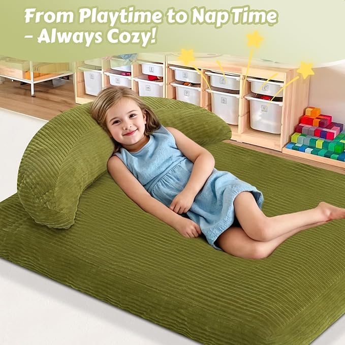 COMAX Bean Bag Chair for Kids, Convertible Toddler Beanbag Bed Corduroy, Children Bean Chair Stuffed to Floor Mattress with Filler, Light Green