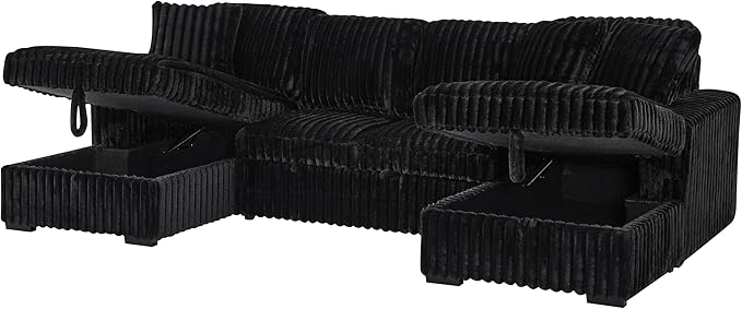 Olodumare 122'' Oversized Sleeper Sectional Sofa with Pull Out Bed for Living Room, U-Shaped Convertible Couch with Double Chaise Storage for Small Space, Plush Comfy Corduroy Fabric, Polar Black