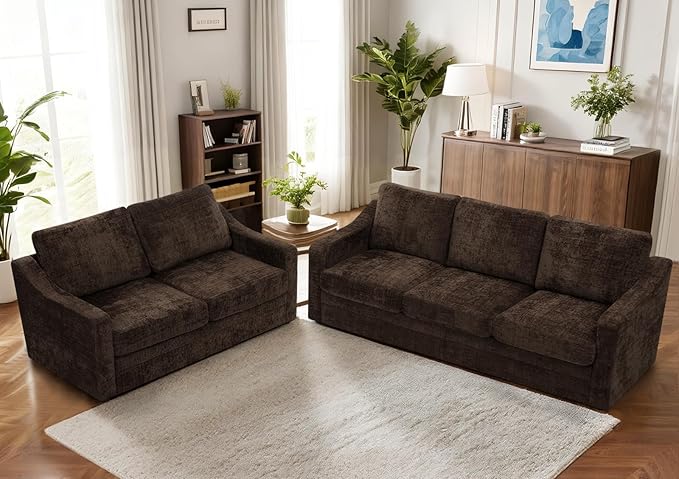 ACMEASE 2 Pieces Chenille Sofa Sets w/Comfortable Back Cushions, Modern Loveseat & Sofa w/Deep Seat Space, Upholstered 2 Seat & 3 Seats Couch Sets w/High Resiliency Foam for Living Room, Office Brown
