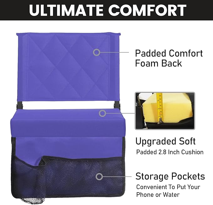 Sheenive Stadium Seats for Bleachers with Back Support, Bleacher Seats with Backs and Cushion Wide, Padded Portable Folding Comfort Stadium Chair with Shoulder Strap, Perfect for Sports Events, Purple