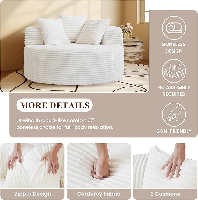 WJShome Oversized Round Chair Lounge Chaise Indoor,Upholstered Corduroy Sofa Bed with 3 Pillows,Comfy Sleeper Boneless Couch,Deep Seat Couches for Living Room, Beige