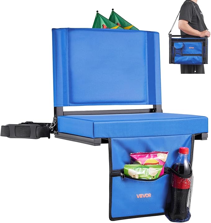 VEVOR Stadium Seat, Folding Bleacher Chair with Back Support and Thick Cushion, Padded Stadium Seat for Bleacher Includes Shoulder Strap, Hooks, Cup Holder, and Side Pocket, Blue Bleachers Chair, 1PCS