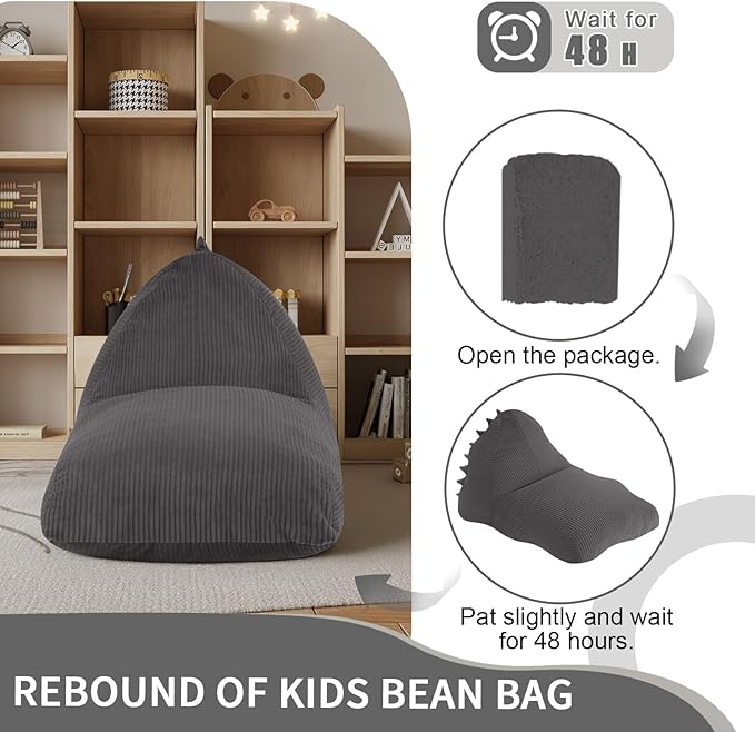 COMAX Bean Bag Chairs for Kids, Dinosaur Kid Beanbag Chair with Filler, Toddler Lounge Bean Chair Corduroy, Lazy Floor Lounger for Girls and Boys Stuffed, Grey