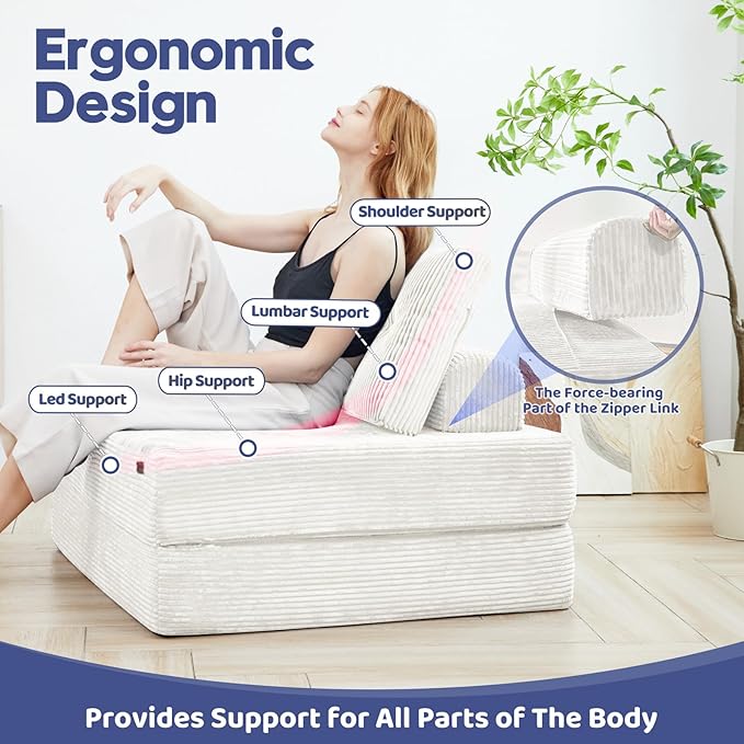Folding Sofa Bed,Foldable Couch with Large Backrest and Pillows,Convertible Sleeper Chair for Living Room、 Bedroom 、Balcony 、Hotel、 Apartment,Twin,Creamy Apricot