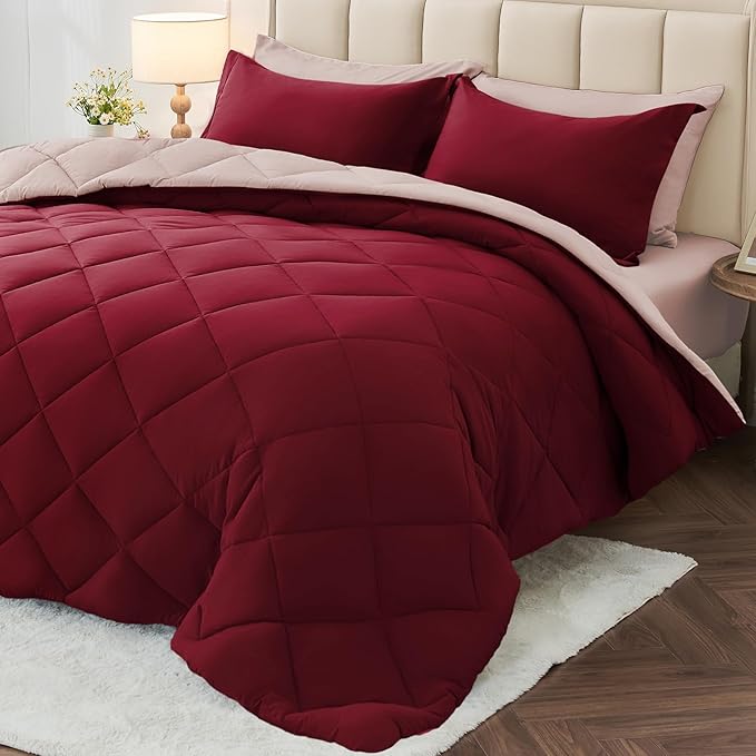 MUXHOMO 7 Pieces Queen Comforter Set, Reversible Bed in a Bag Queen Size, All Season Bedding Set with Comforter, Flat Sheet, Fitted Sheet, Pillowcases & Shams, Burgundy & Rose Gold