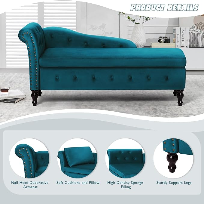 ACMEASE Upholstered Chaise Lounge with Left Armrest & Lumbar Pillow,Button Tufted Lounge Sofa with Storage,Lounge Chair Indoor,Modern Velvet Lounge Chair for Bedroom, Living Room and Office,Teal