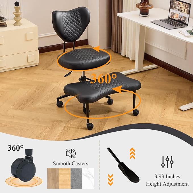 Sudwesto Ergonomic Cross Legged Chair, PU Leather 360° Upholstered Swivel Meditation Chair with Wheels, Comfy Criss Cross Desk Chair for ADHD with Height-Adjustable for Office (Black - PU)
