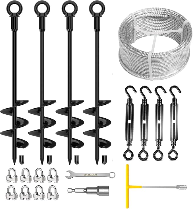 Camitlli 4 Pack 18" Fully Welded Ground Anchors Shed Anchor Kit with 1/8" Galvanized Cable, Heavy Duty Earth Anchors High Wind Screw in for Trampoline Swingset Tent Greenhouses (Black)