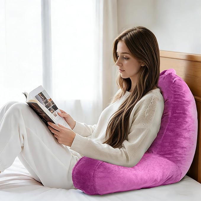OAISZ Reading Pillow for Sitting in Bed Adult, X-Large Reading Pillow with Shredded Memory Foam, Back Pillow for Sitting Up with Extend Arms, Pockets, Bed Pillow with Washable Cover, Rose Red