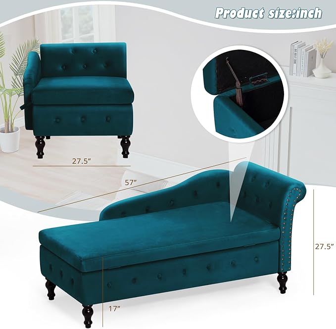 ACMEASE Upholstered Chaise Lounge with Right Armrest & Lumbar Pillow,Button Tufted Lounge Sofa with Storage,Lounge Chair Indoor,Modern Velvet Lounge Chair for Bedroom, Living Room and Office,Teal