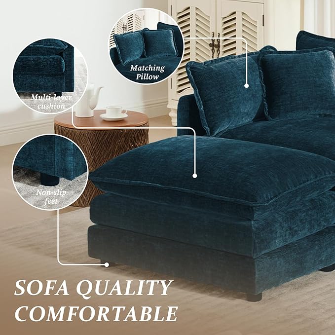 SoarFlash Chenille Sectional Sofa, Comfy Modular Loveseat Sofa, Modern 3-Seat Couch Deep Seat Sofa Set for Living Room,Deep Blue