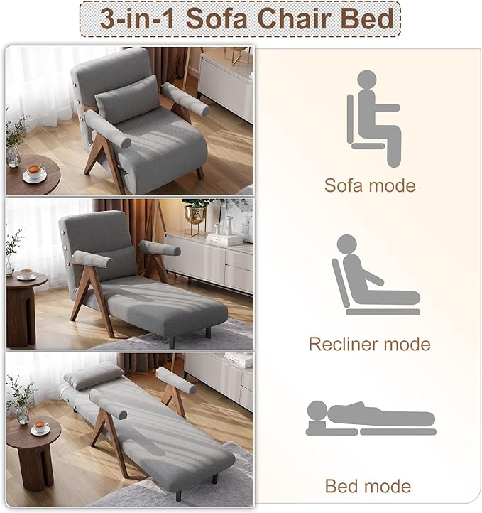 3 in 1 Residential Convertible Sofa Bed Chair|3 in 1 Sleeper Sofa Couch Bed | Adults | Living Room, Bedroom,Office (Grey D31.8 x W31.5 x H31.8 inch)