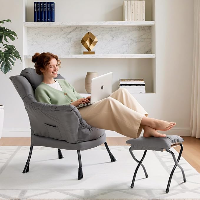 TLSUNNY Lazy Chair with Foldable Ottoman, Modern Comfy Lounge Chair, Large Sofa Armchair with Footrest and a Side Pocket, Reading Chair with Footstool for Bedroom, Living Room, Dorm (Dark Grey)