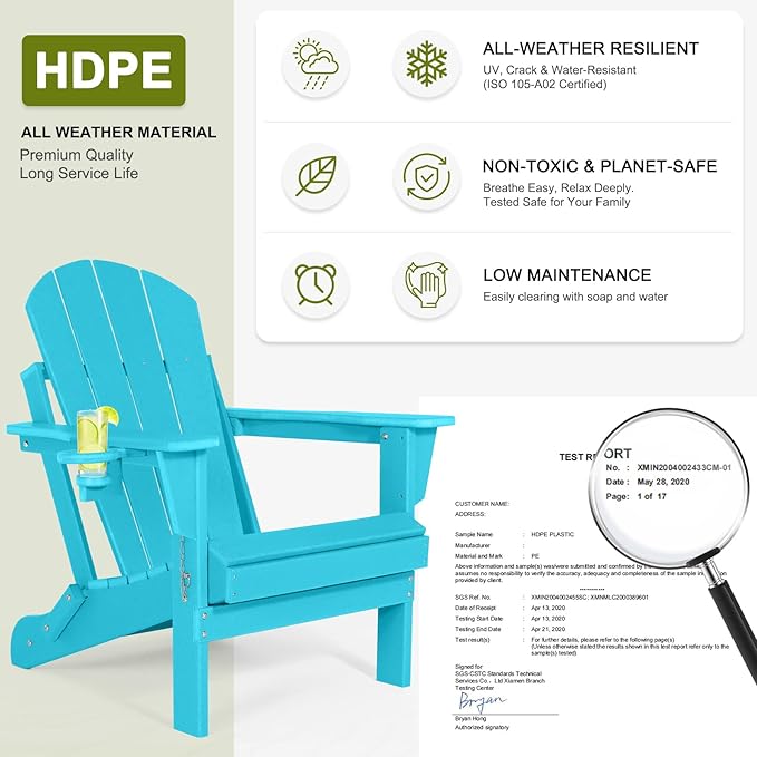 Folding Adirondack Chairs Set of 6- Plastic Adirondack Chairs with Cup Holder, Weather Resistant for Outdoor, Patio, Lawn, Garden, Backyard Deck, Fire Pit - Turquoise