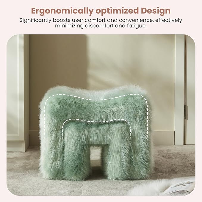 Ottoman Set of 2 Small Footstool Ottoman Vanity Stool Chair Faux Fur Seating Backless Modern Foot Rest Furry for Makeup Room Living Room Bedroom Entryway,Green(2-in-1)