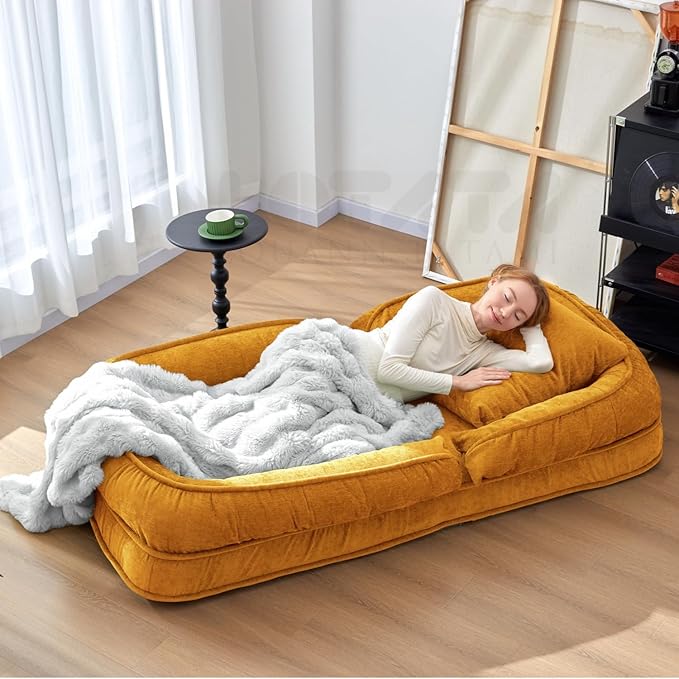 LouannTatami Foldable Lazy Sofa Bed Floor Chair - Adjustable Human Dog Bed for Adults Kids Floor Seats - Cozy Small Couch for Home Living Room (Yellow)