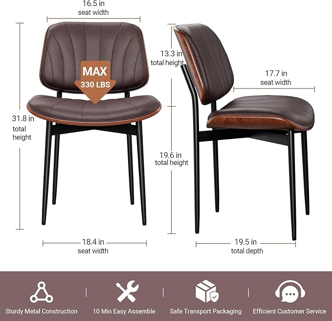 Dining Chairs Set of 6, Mid-Century Modern Upholstered PU Leather Chairs with Walnut Bentwood Back and Metal Legs Adjustable Feet for Kitchen Dining Room, Dark Brown Shell Strips