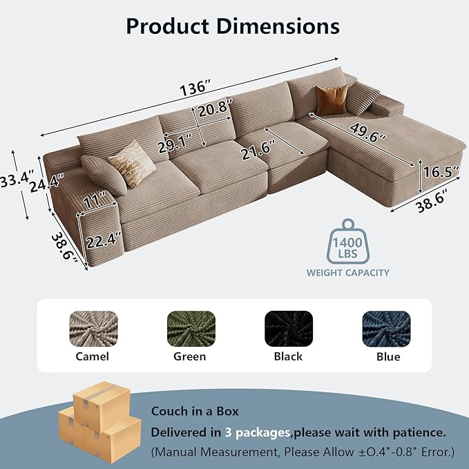 136" Cloud Sectional Couch with L-Shape Chaise, Corduroy Viral Boneless Sofa for Living Room,Modern Memory Foam Couches in a Box with Deep Seat,No Assembly Required (Camel,Right-Facing Chaise)