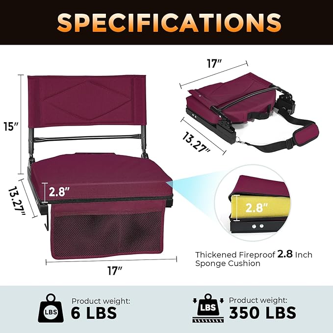 behairity Adjustable Stadium Seats with Back Support – 4-Position Reclining Bleacher Chairs with Padded Cushion, Foldable Portable Stadium Chair with Front Pocket and Shoulder Strap (Red)