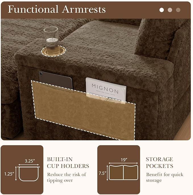 Merax Oversized Sleeper Chair with Storage Armrest & Ottoman, Cup Holders, Cloud Upholstered Chaise Lounge Recliner, Deep Seat Reading Couch Sofa Bed for Living Room Bedroom, Antique Brown