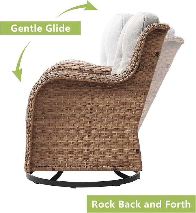 Rilyson Patio Chairs Rocking Swivel Chiar - 3 Piece Outdoor Wicker Patio Bistro Set Rattan Rocker Glider Chairs with High Back and Deep Seating for Outside Porch Deck Garden(Yellow/Beige)