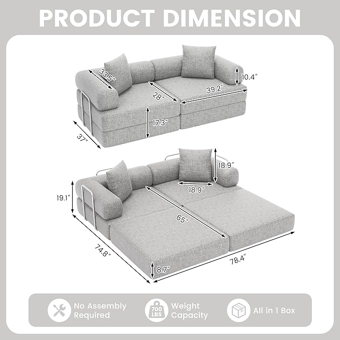 DURASPACE 78'' Folding Convertible Sofa Bed Boneless Foam Sectional Couches with Fixed-Shape Frame, Modular Floor Sleeper Sofa for Living Room (Chenille Gray)